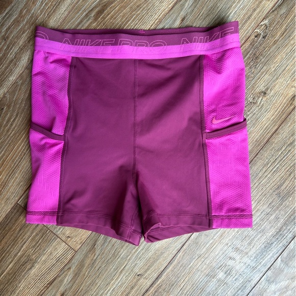 Nike Pro Pink and Maroon Bike Shorts Performance Fit - Picture 1 of 5